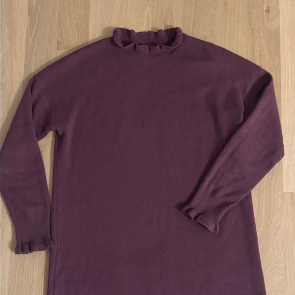 LOFT Plum Ribbed Midi Dress with Ruffle Neck - Picture 2 of 4